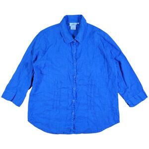 Hot Cotton 100% Linen Button Top Women M Blue 3/4 Sleeve Pintuck Coastal Minimal